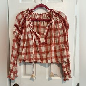 Free People Red and Cream Checkered Blouse